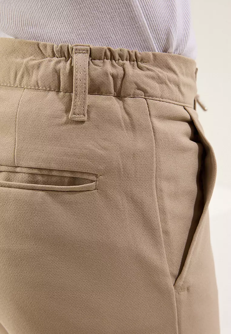 Stone Slim Fit Waist Tie Detail Elastic Fabric Woven Trousers
