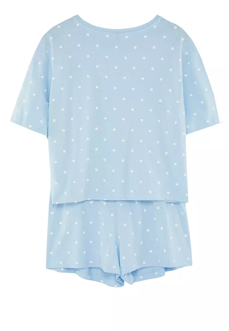 Blue 100% Cotton Polka Dot and Heart Shorts Knitted Pajama Set THMSS21PT1485