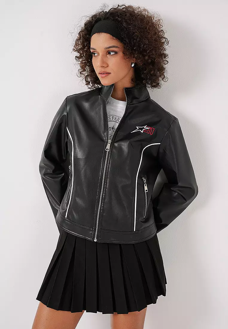 Stand Collar Faux Leather Jacket