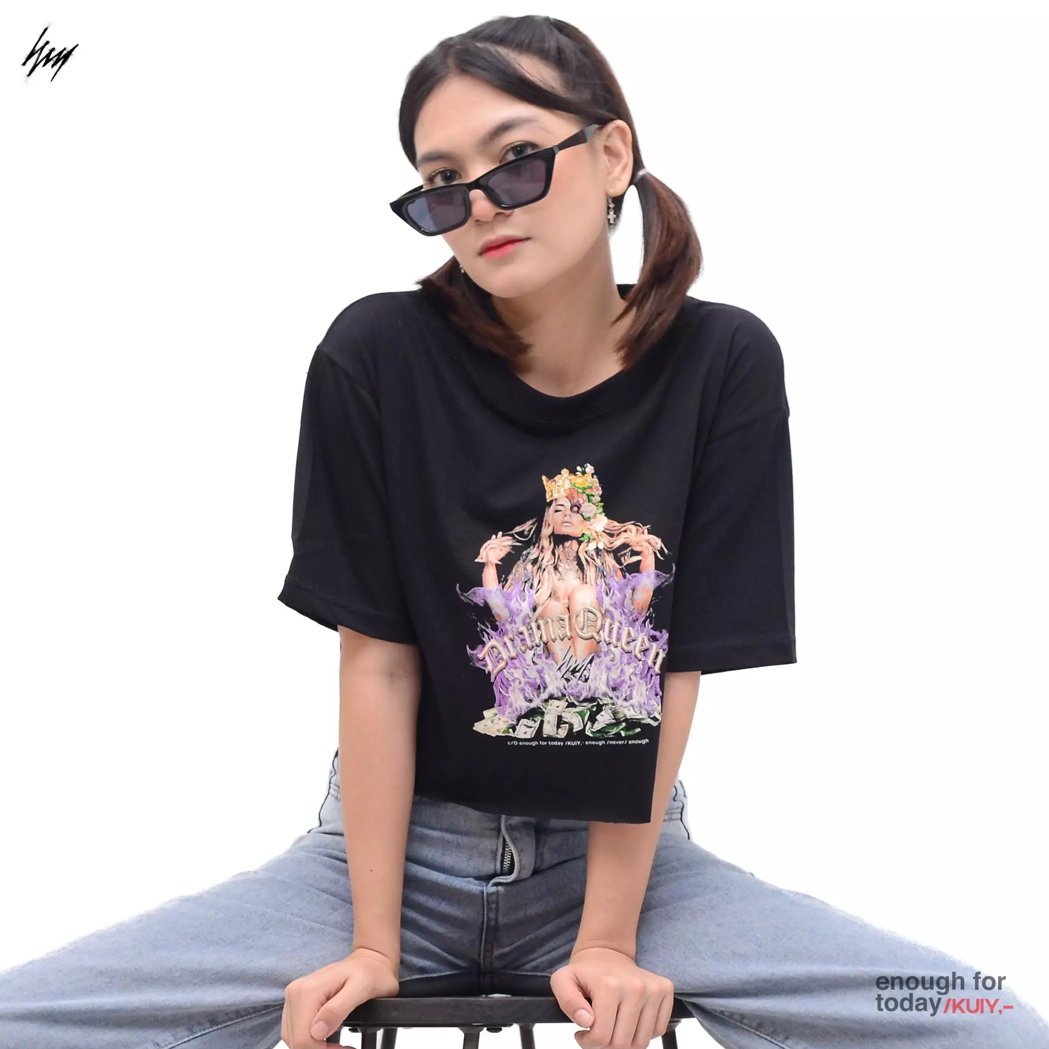 Enough For Today Kaos Crop Top Oversize Hitam Sablon Drama Queen | Crop Graphic Tshirt Wanita