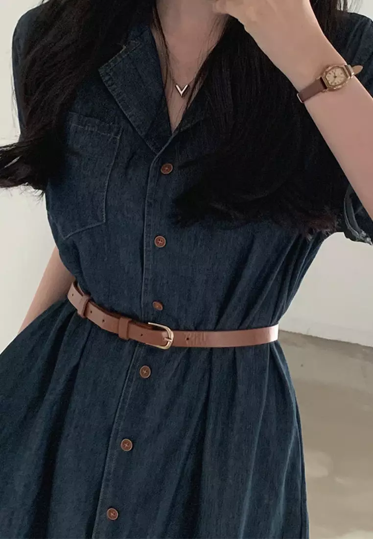 Retro style waist cinched short sleeved denim dress CA25032719DGBL
