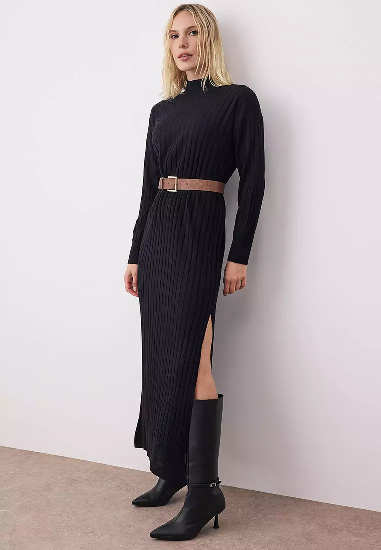 Black Plain Midi Slit Detail Belted Knitwear Long Dress