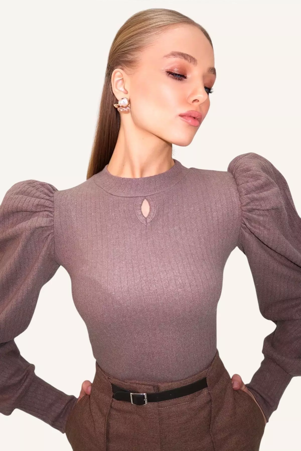Women's Mink Crew Neck Drop Neck Princess Sleeve Knitwear Blouse
