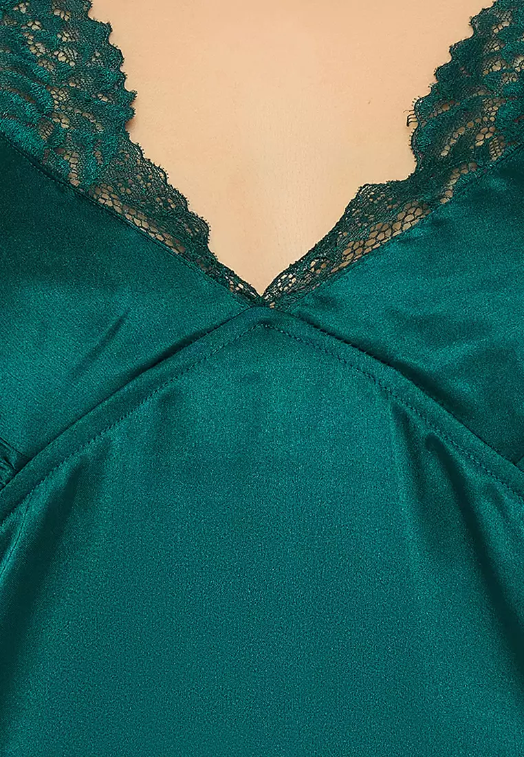 Clovia Chic Basic Padded Night Dress in Dark Green - Satin