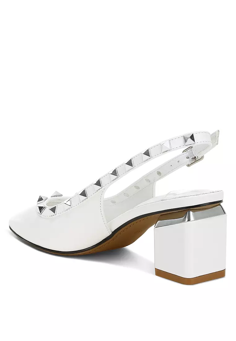 Stud Embellished Slingback Sandals in White