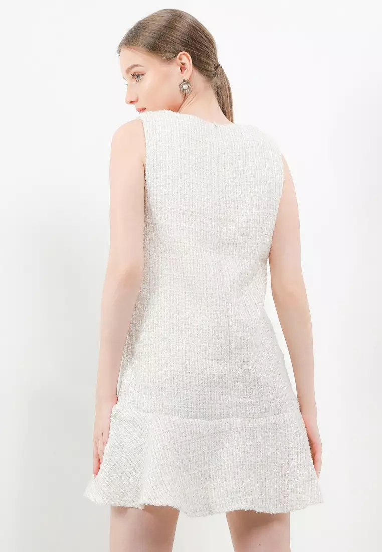 Ruffle Hem Sleeveless Tweed Dress