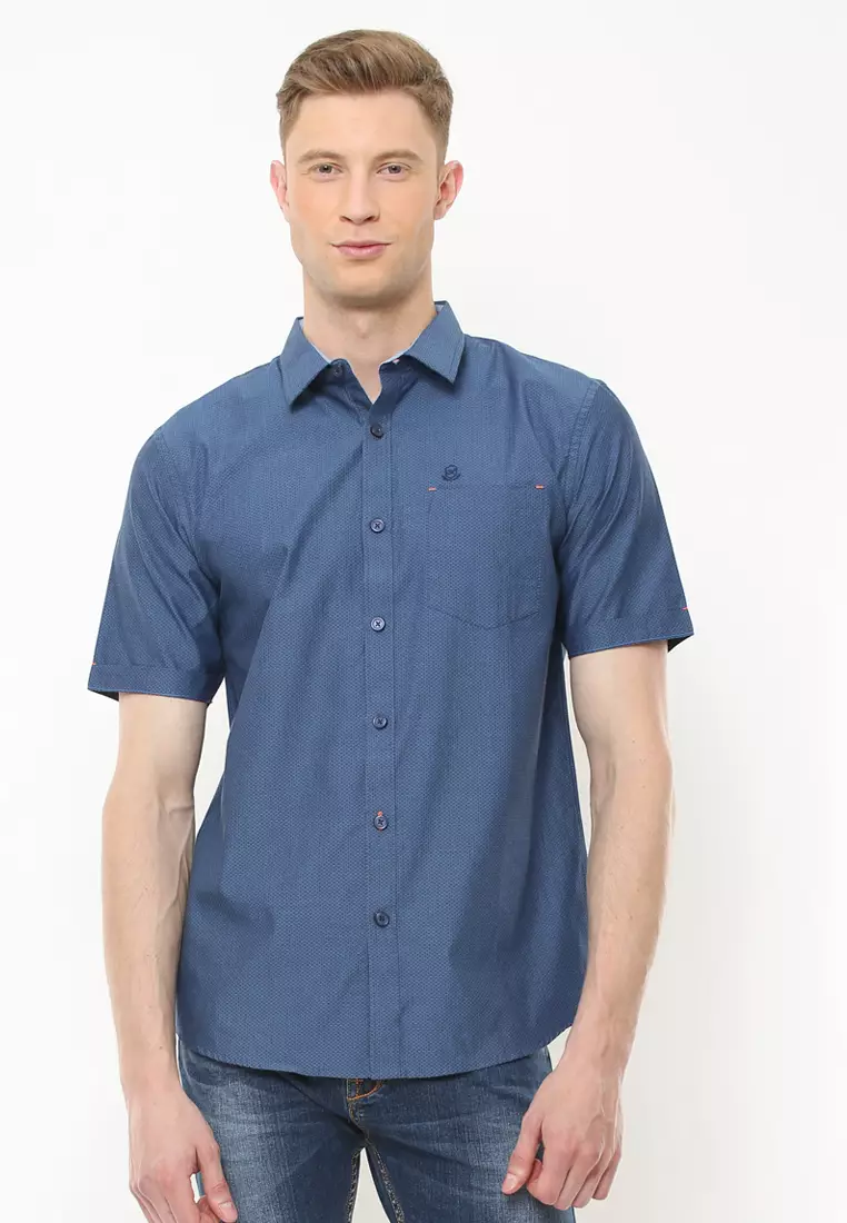Johnwin - Kemeja Casual - Kemeja Pria - Kemeja Motif Lingkaran - Kemeja Biru - ASH.670.K880.716.C-S/S