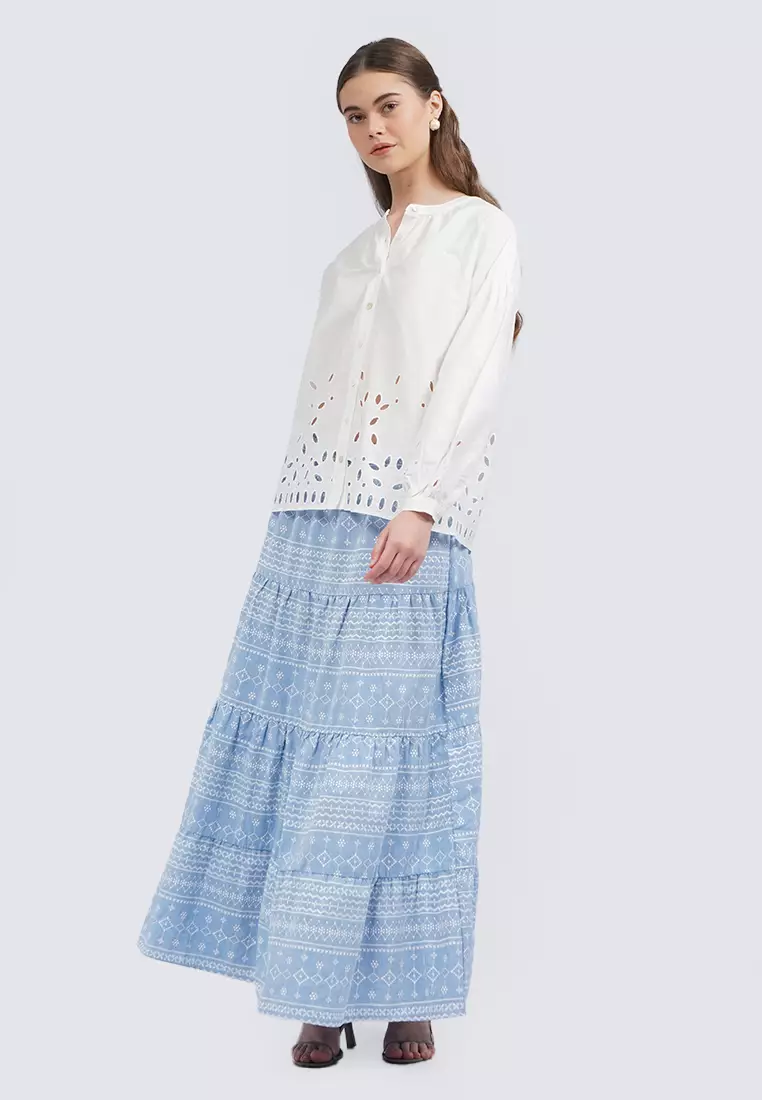 Round Neck Puff Sleeves Eyelet Blouse OFF WHITE