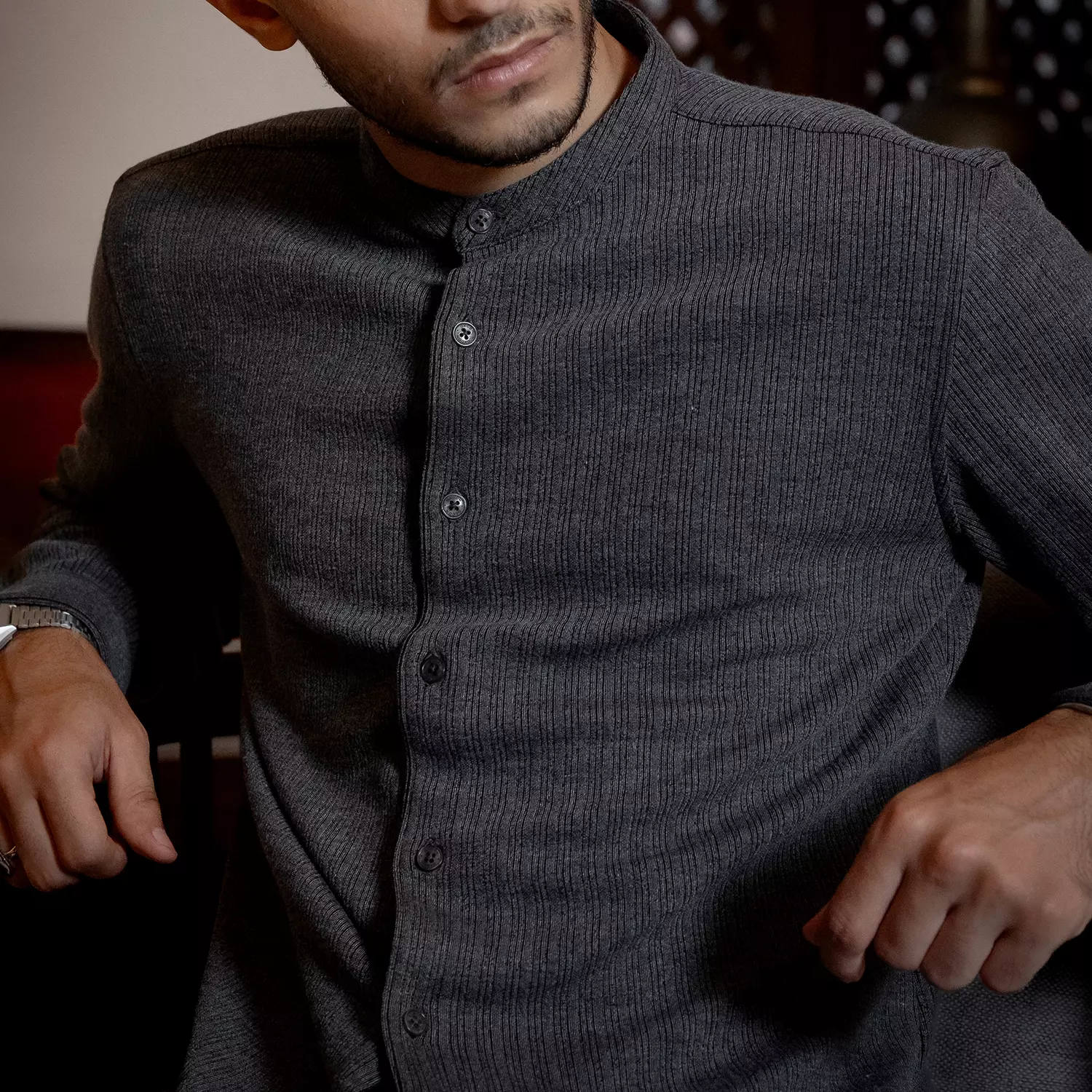 OXCON Kemeja Tangan Panjang Koko Knit Malik Collarless Shirt Charcoal