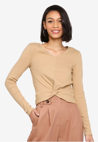 Joska Long Sleeve V-Neck Crop Top from Pieces in Brown