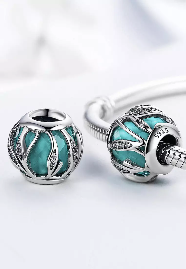 Solid 925 Sterling Silver Magical Ball Teal CZ Charm
