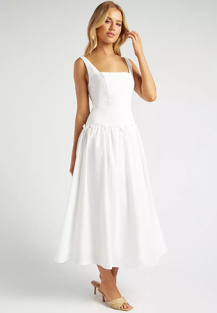 Drop Waist Scallop Frill Detail Midi Dress