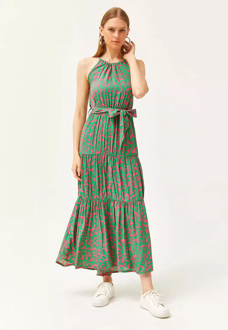Halter Neck Belted Woven Viscose Dress