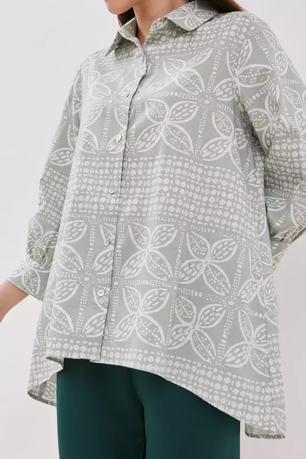 MINIMAL - Malya - Kemeja A Line Motif Kawung - Light Green