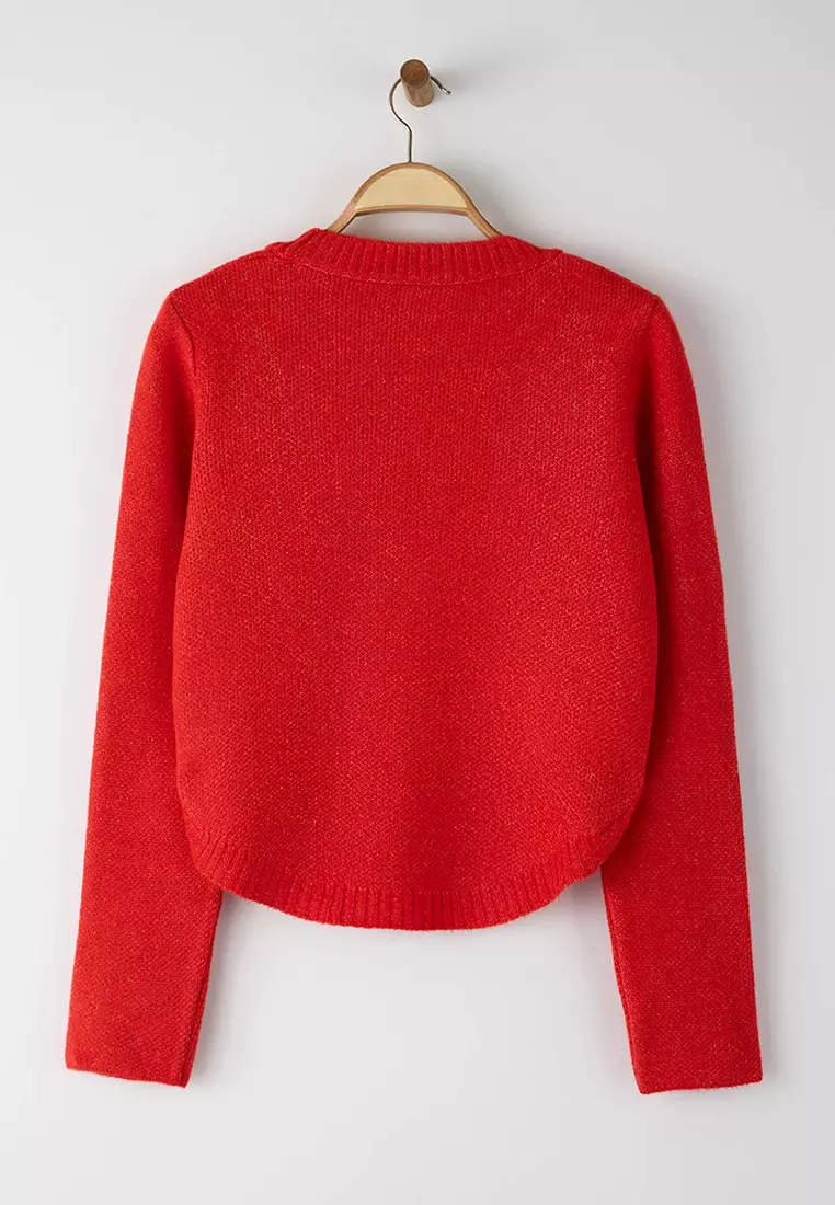 Red Wide Fit Soft Textured Button Detailed Knitwear Sweater