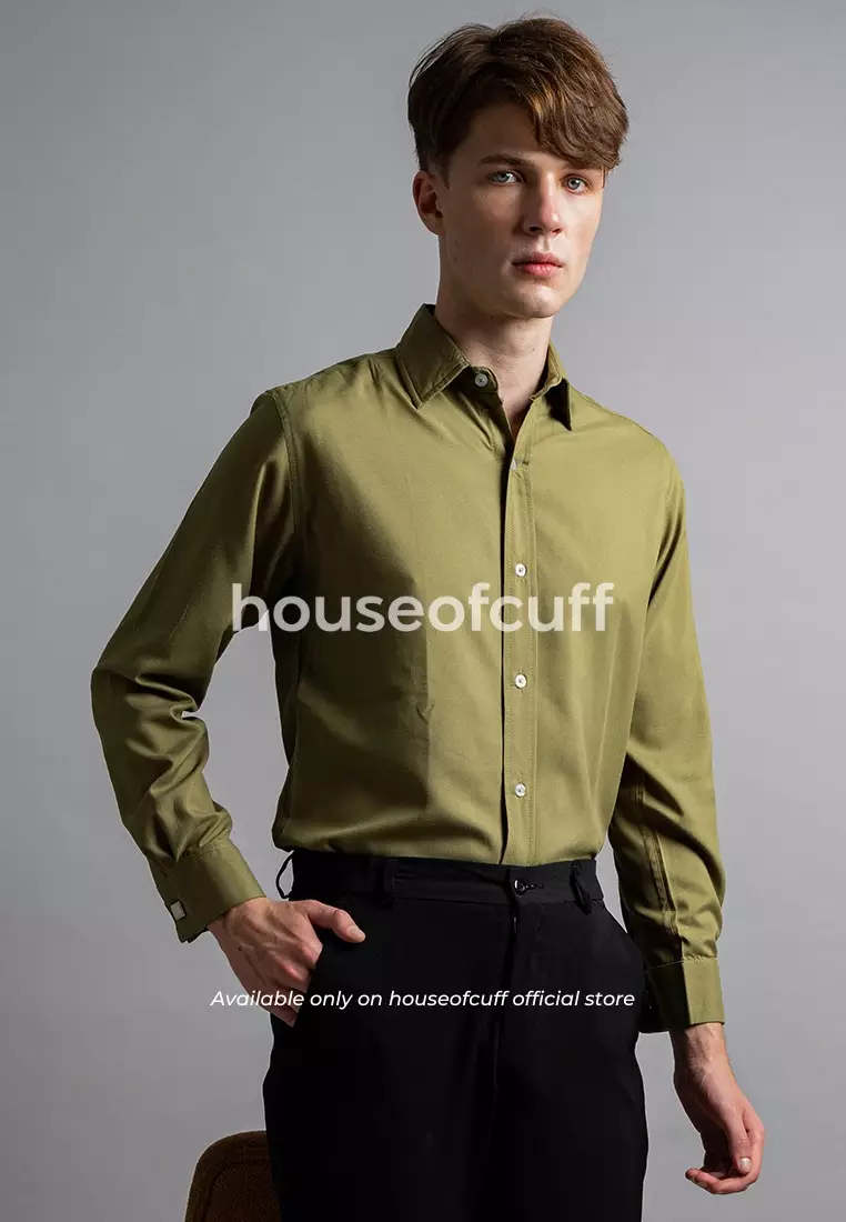 Houseofcuff Kemeja Kerja Formal Pria Model French Cuff / Double Cuff Dengan Cufflinks Warna Hijau Olive (Incl.Collar Stay + Cufflinks )