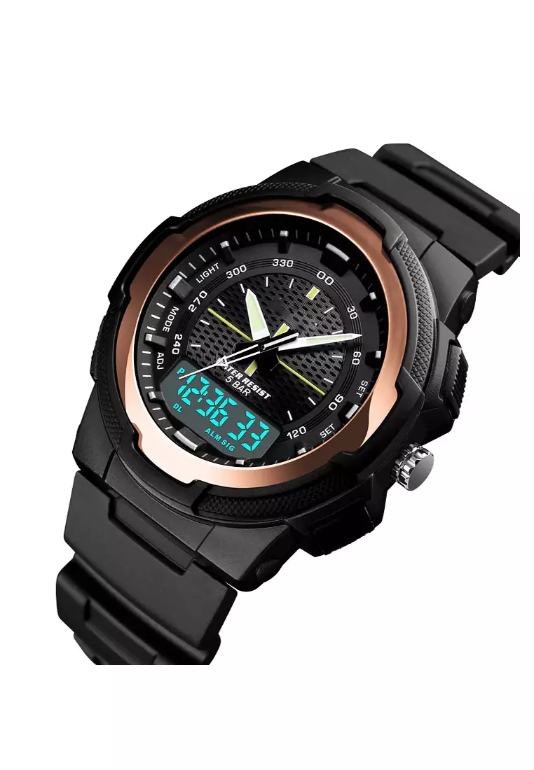 Analog watch with discount digital display on glass