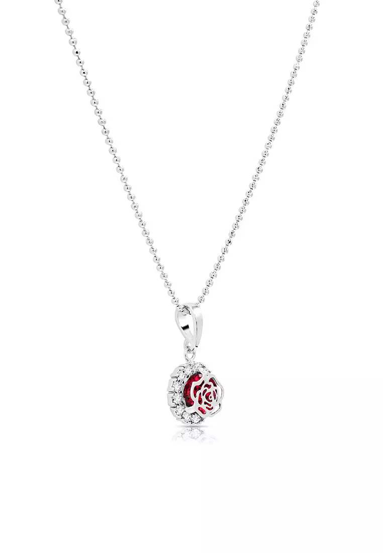 SO SEOUL Camellia Rose Ruby Flower Diamond Simulant Zirconia Hoop Earrings with Pendant Chain Necklace Jewelry Gift Set