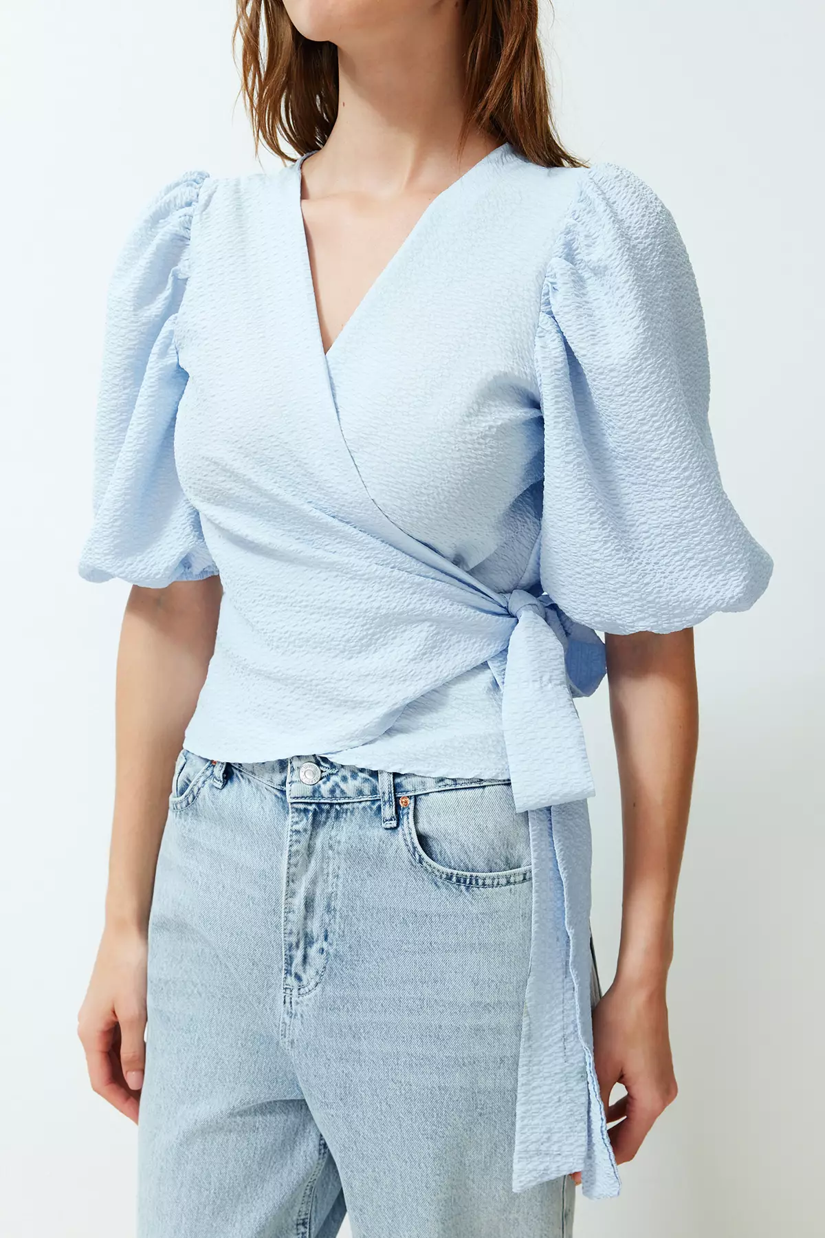 Puff Sleeves Wrap Blouse