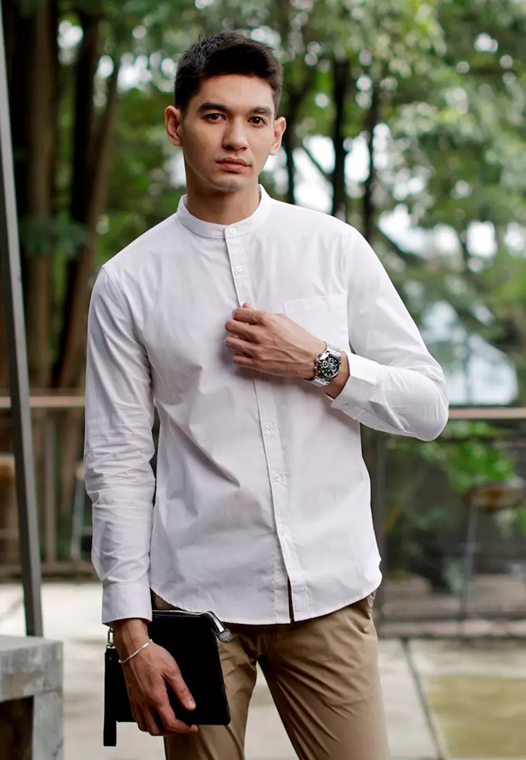 Oxcon Collarless Long Sleeve Business Shirt soft cotton White