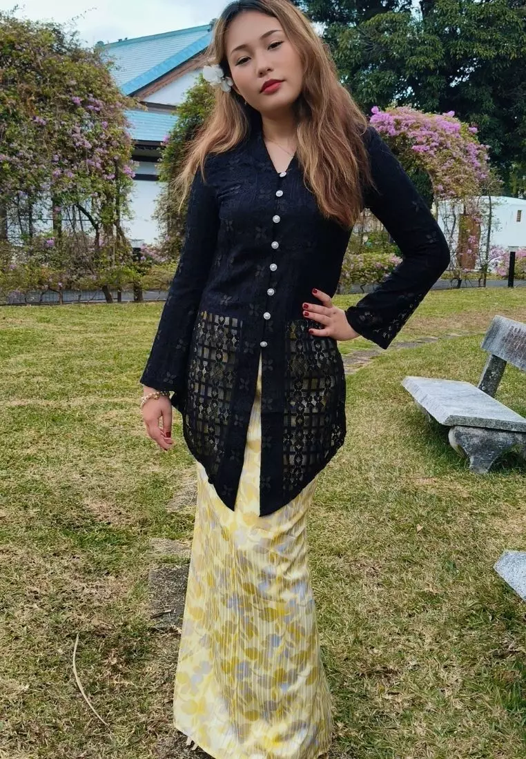 Loveaisyah Black Checkered Lace Kebaya Top & Floral Chiffon Skirt Hari Raya