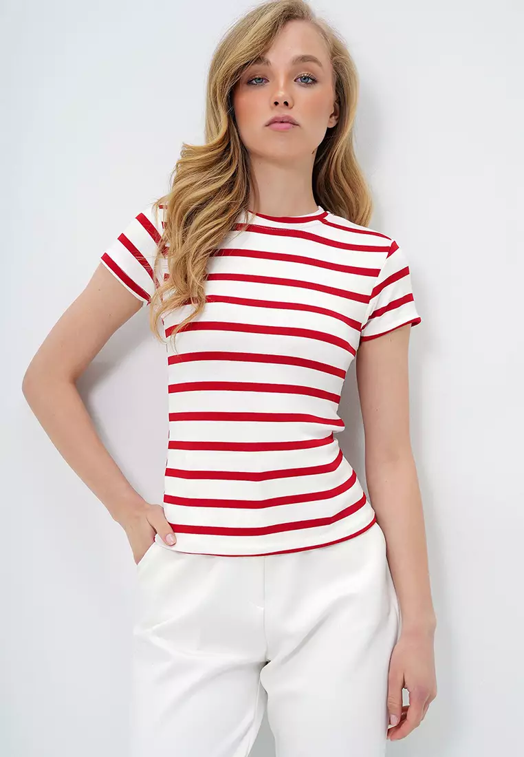 Women's Red Crew Neck Half Sleeve Striped Crop Blouse Alc-X13348