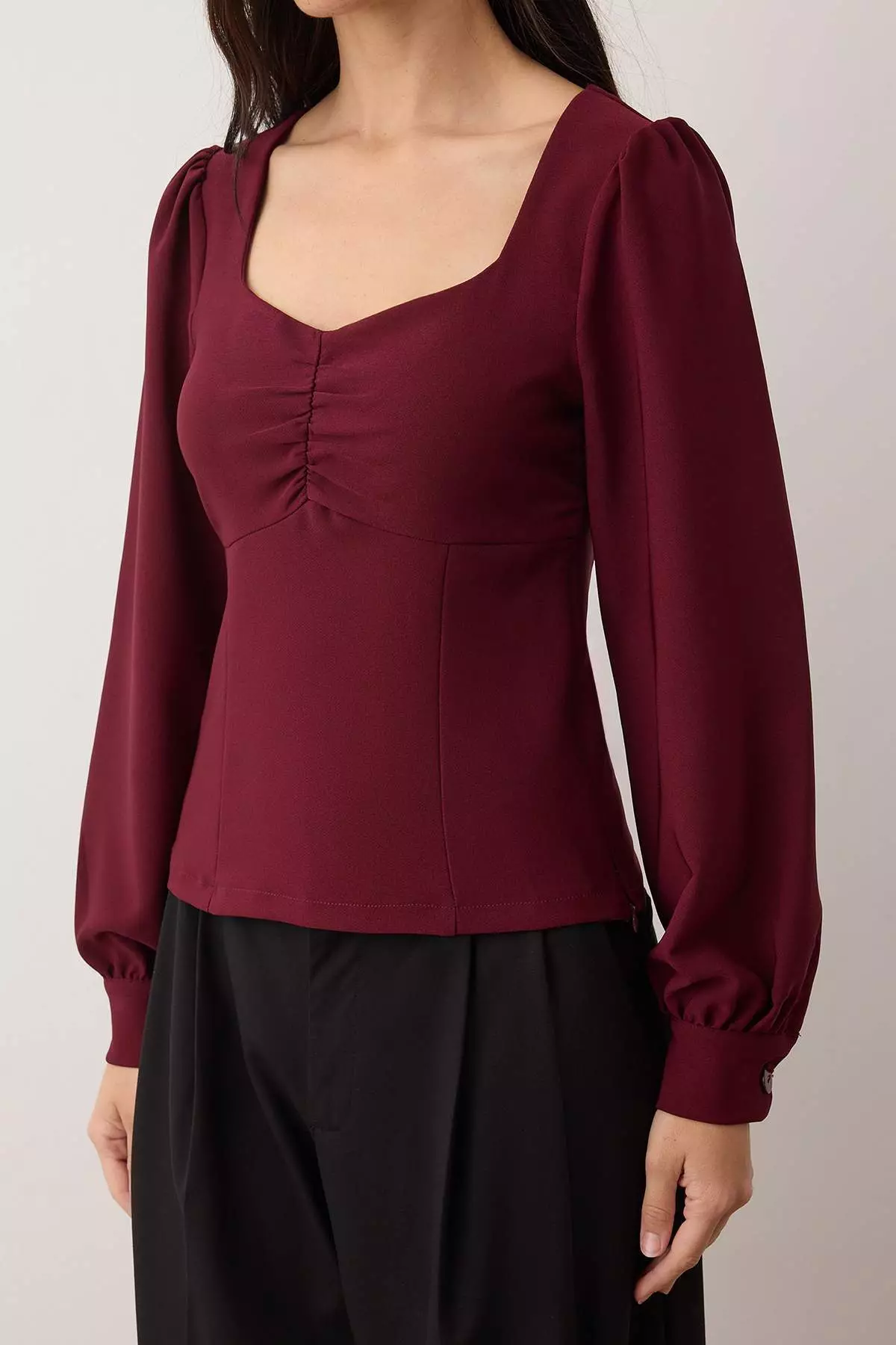 Burgundy Shirred Detailed Woven Blouse Twoaw23Bz633