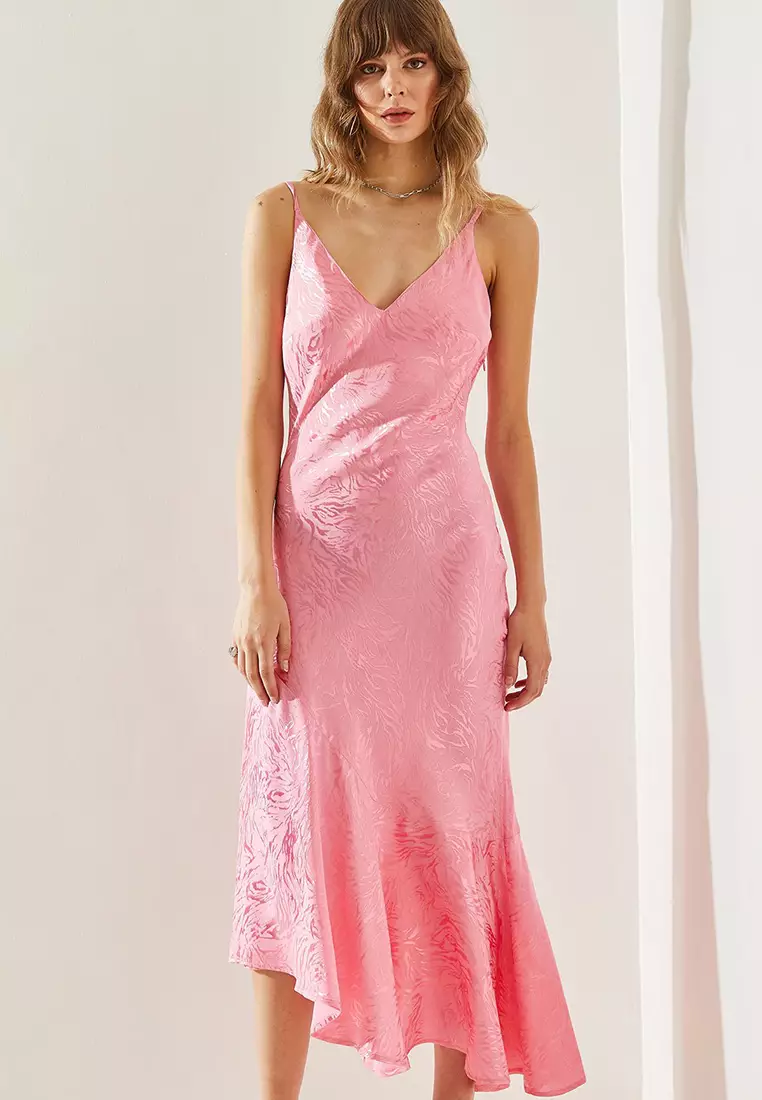Women's Rope Strap Satin Jacquard Asymmetrical Hem Midi Dress 60251227