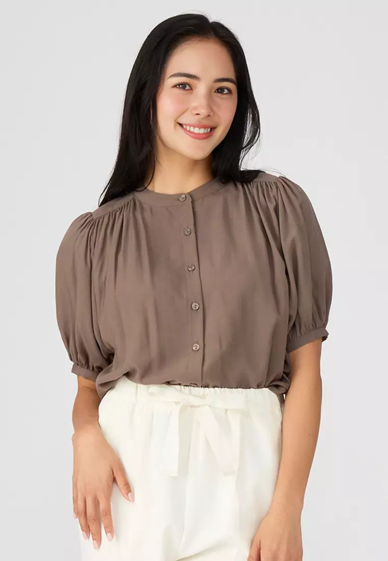 comcoca Puff Sleeve Rayon collarless Blouse（Regular Fit） 2024 | Buy ...