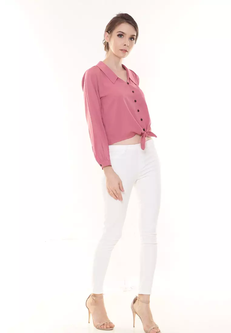 Evelyn Top Button Ribbon Tied up in Pink