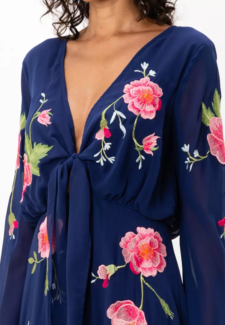 Buy ASOS Design Tie Front Button Through Floral Embroidery Midi