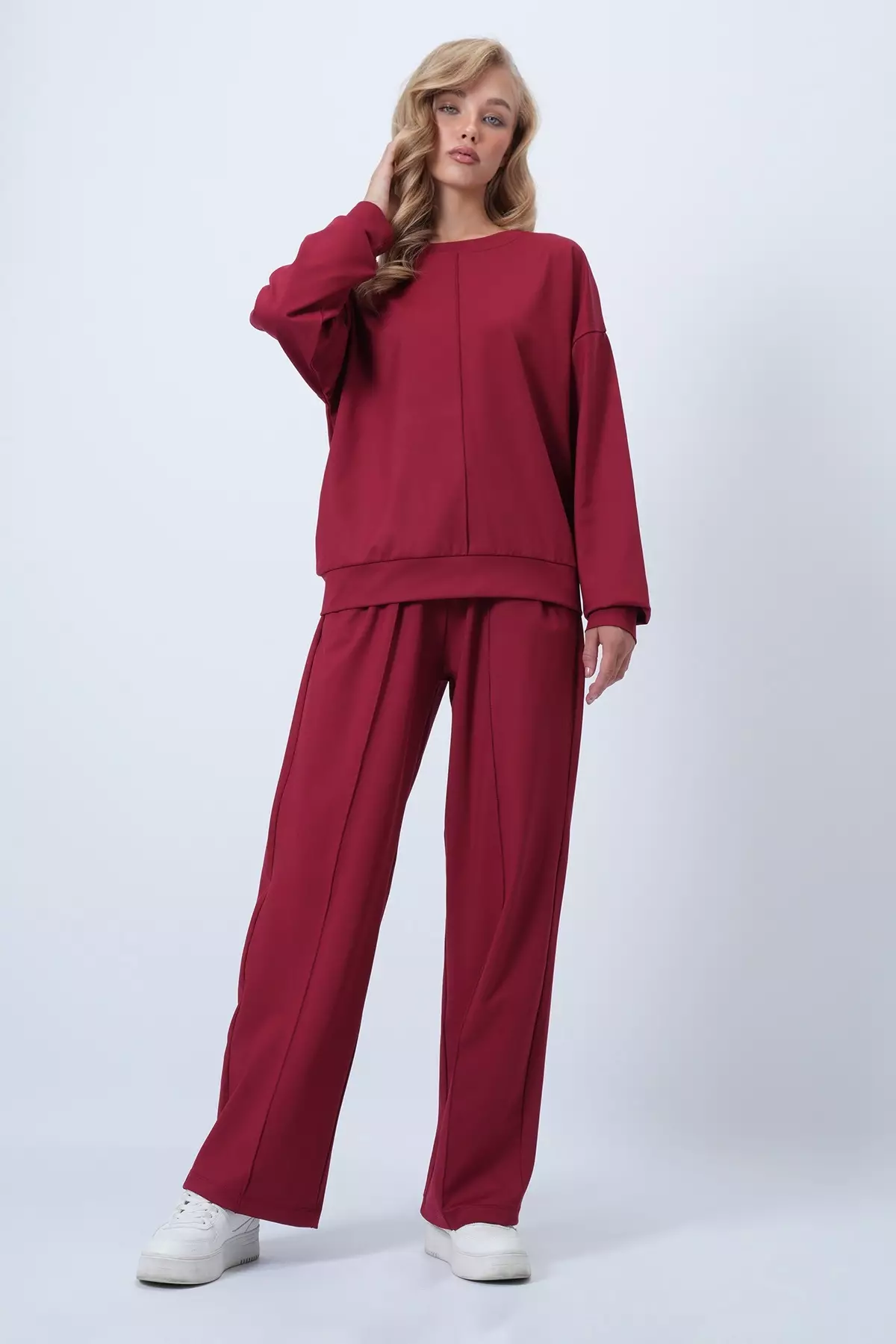 Burgundy Crew Neck Blouse With Ribbed Front Stitching And Double Pocket Trousers Set Alc-X14543