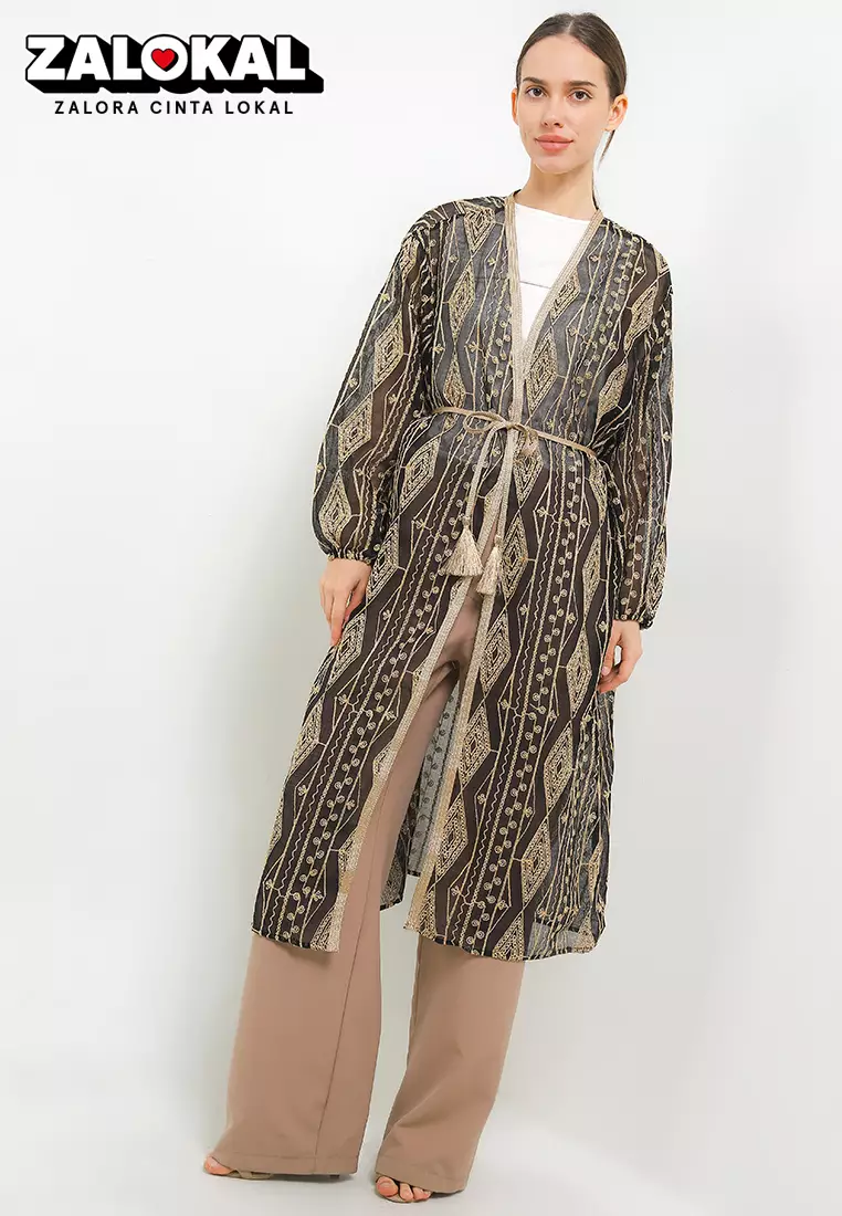 Ethnic Emb Linen Outer W/ Gold Tassel Belt