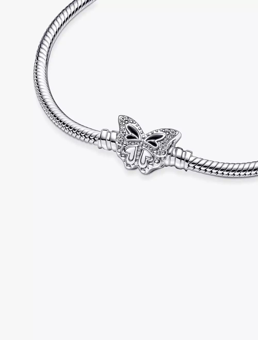 Snake chain sterling silver bracelet with butterfly clasp with clear cubic zirconia