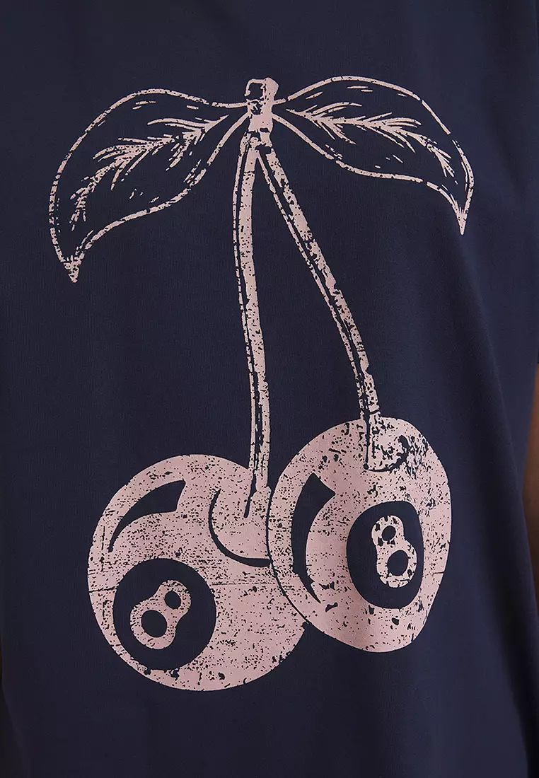 Navy Blue Cherry Printed Oversize/Wide Pattern Knitted T-Shirt