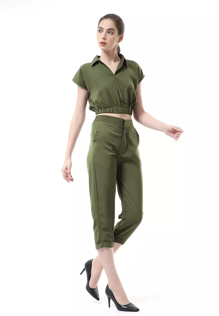 Nayra One Set Setelan Atasan Crop Karet Lengan Pendek Basic Pants Wanita Material Dolce ORIGINAL - Army