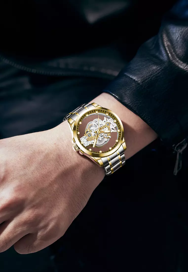 Jam Tangan Pria HD Luminous Function Hollow Dial Tali Stainless Steel Anti Air Jam Tangan Cowok silver gold