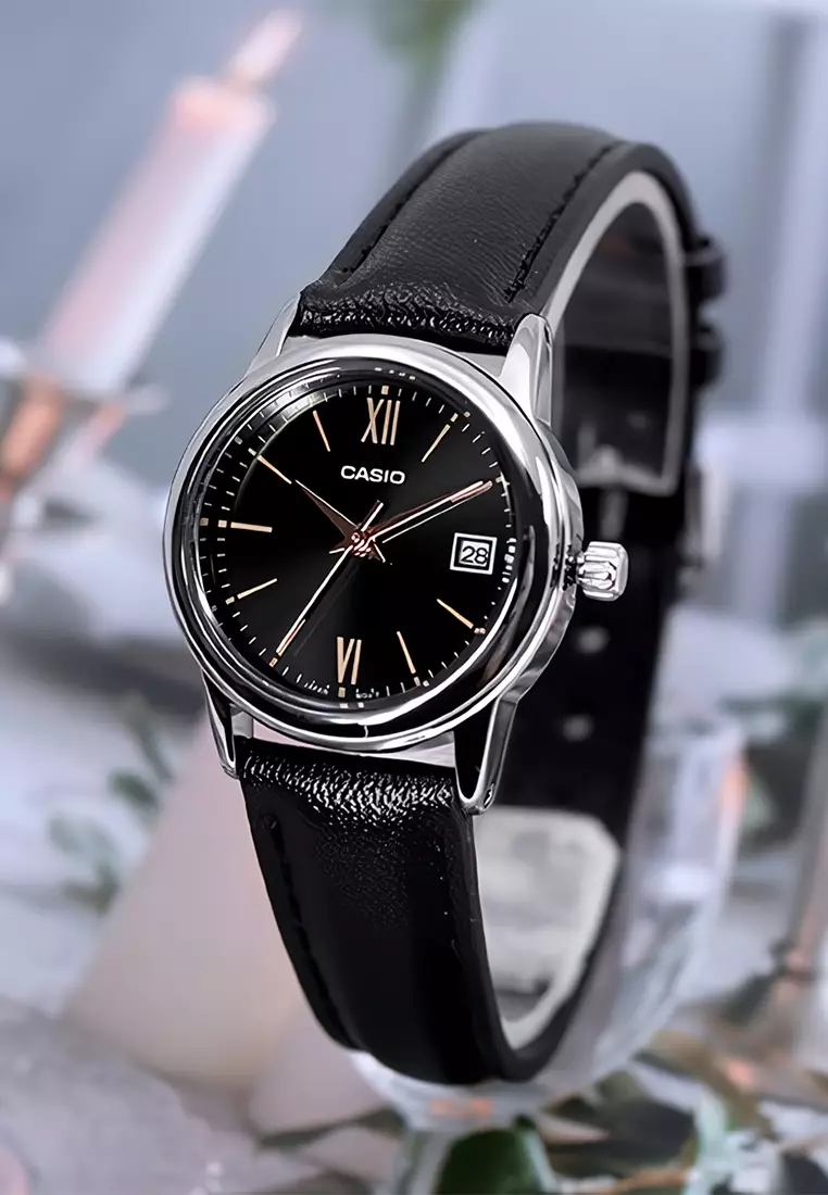 Casio - Jam Tangan Analog Wanita - Silver - Black Leather Strap - LTP-V002L-1B3