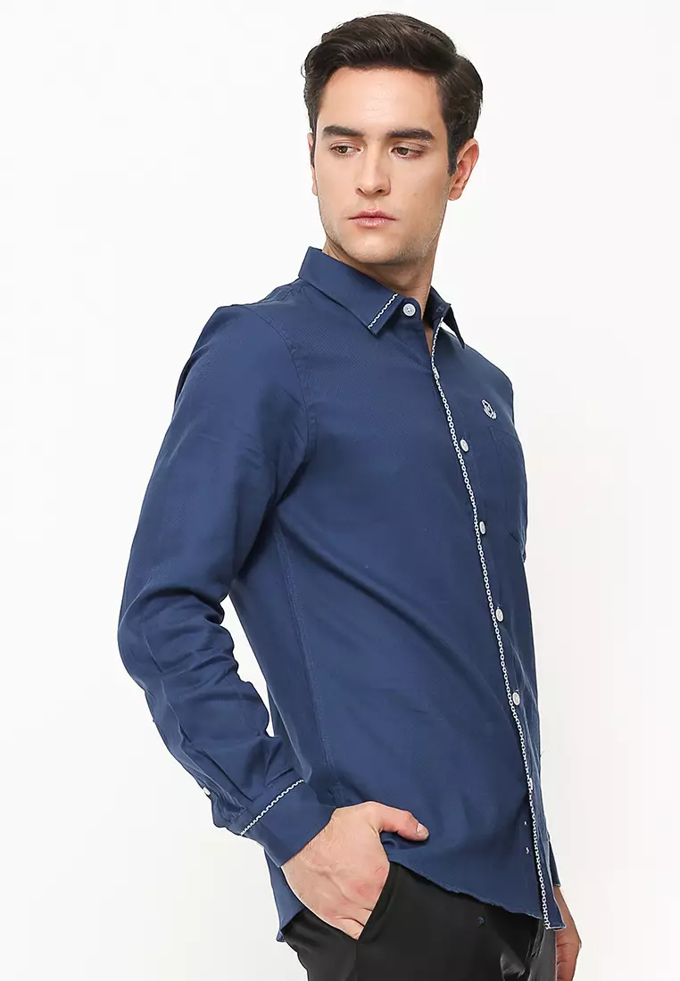 Johnwin - Slim Fit - Kemeja Casual Active - Garis Putih - Biru