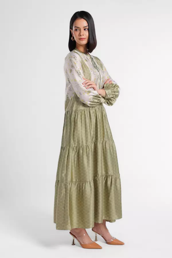 MINIMAL - Humada - Gamis Ruffle Motif Floral - Green Light