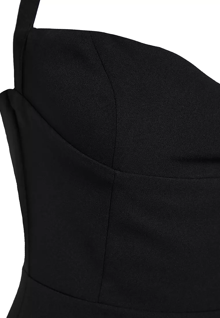 Black Accessory Detailed Woven Elegant Evening Dress Graduation Dress