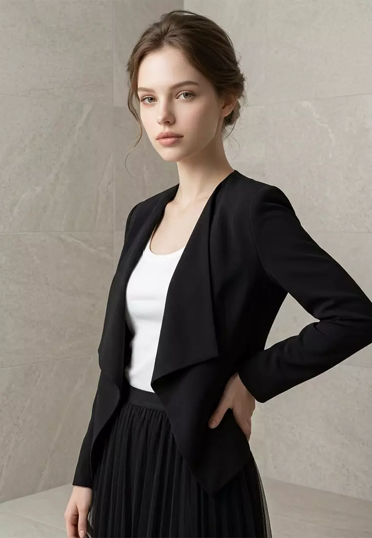 Collarless Draped Open-Front Blazer