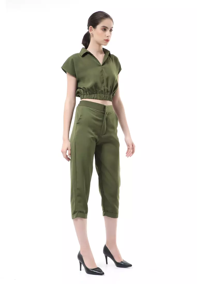 Nayra One Set Setelan Atasan Crop Karet Lengan Pendek Basic Pants Wanita Material Dolce ORIGINAL - Army