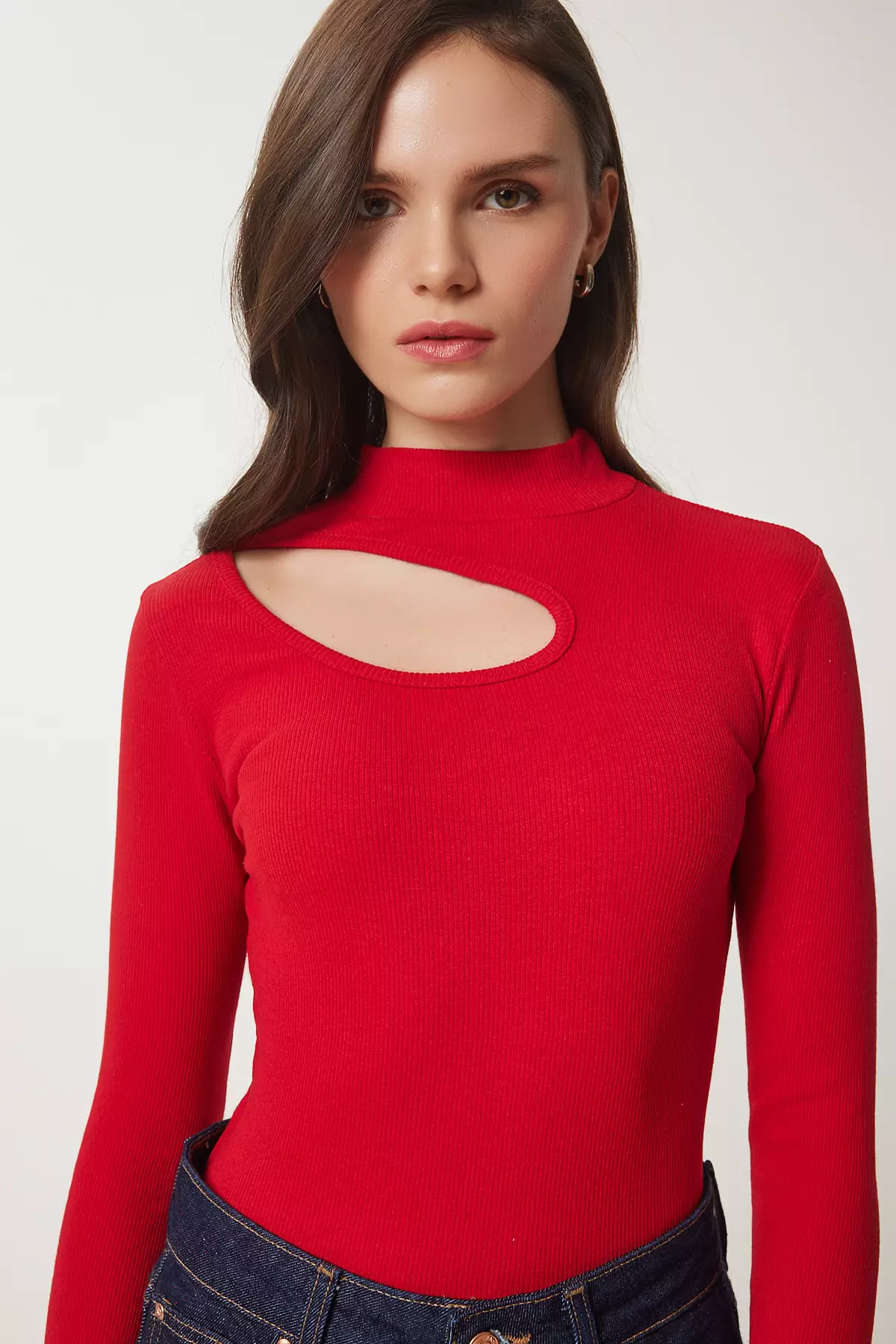 Women'S Red Cream 2-Pack Cut Out Detailed Ribbed Knitted Blouse Gt00235