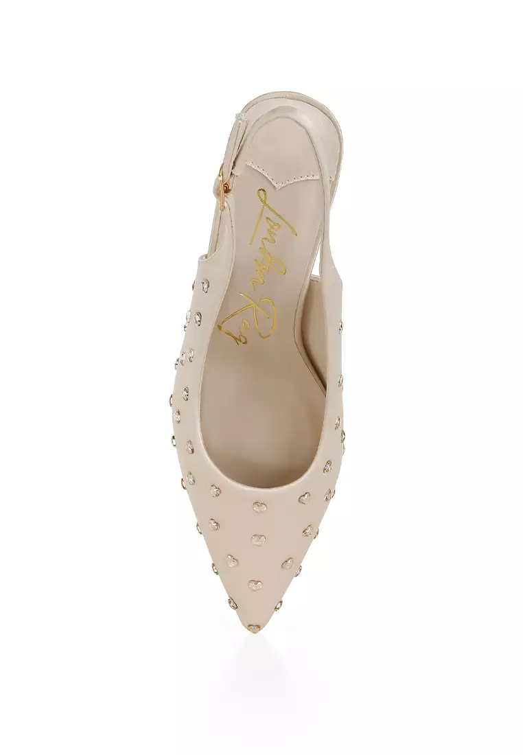 Heart-Shaped Rhinestone Studded Slingbacks in Beige