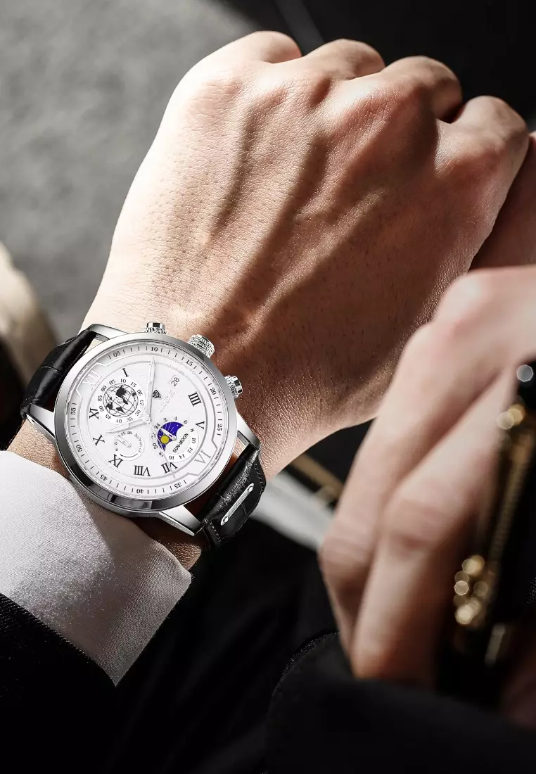 Chronograph Unisex 42mm Stainless Steel Quartz Watch, White Dial on Leather Strap