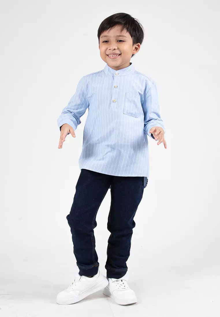 Forest Kids Boys Cotton Striped Long Sleeve Collar Shirt | Baju Kemeja Budak Lelaki Lengan Panjang - FK20262-31Blue