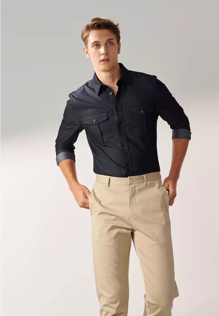 Midight Blue Double Pockets Casual Denim Shirt