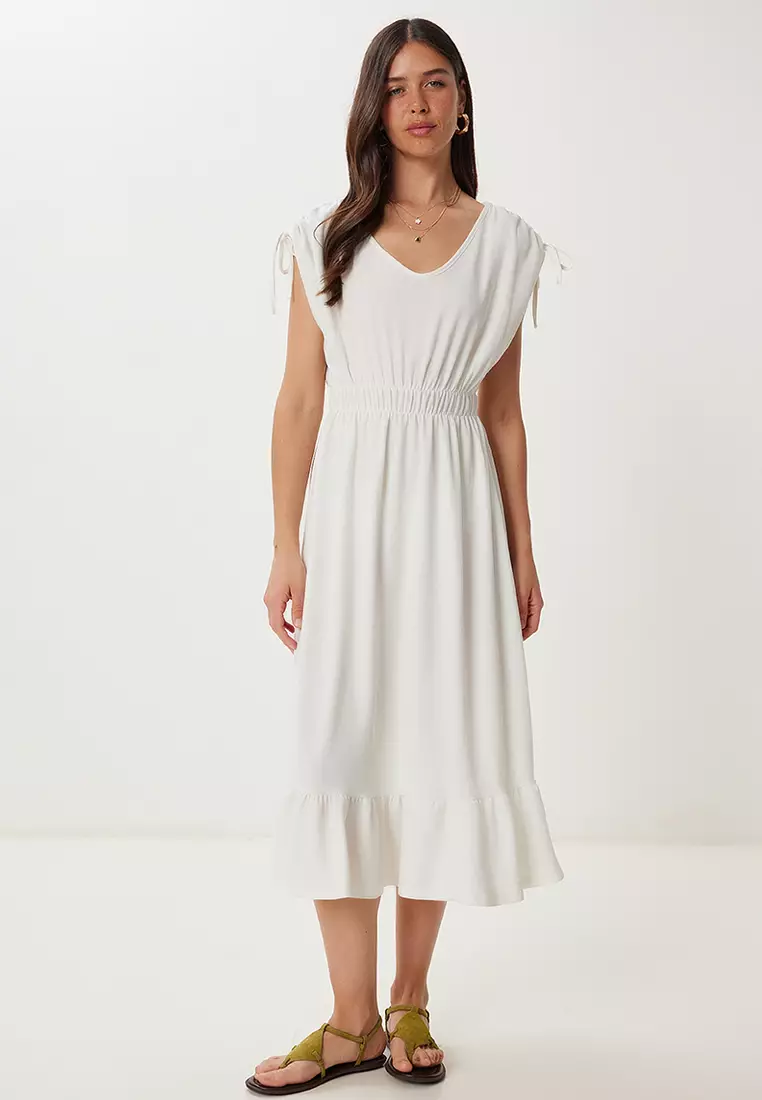 Women's Ecru Flounced Summer Midi Crinkle Knitted Dress Zv00333