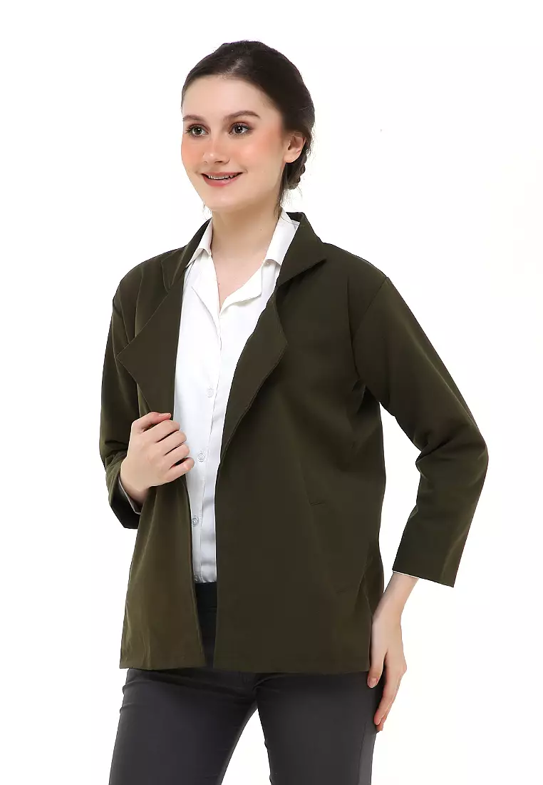 Qemsya Jas Blazer Wanita Long Outer Casual Suit Material Baby Canvas ORIGINAL - Army